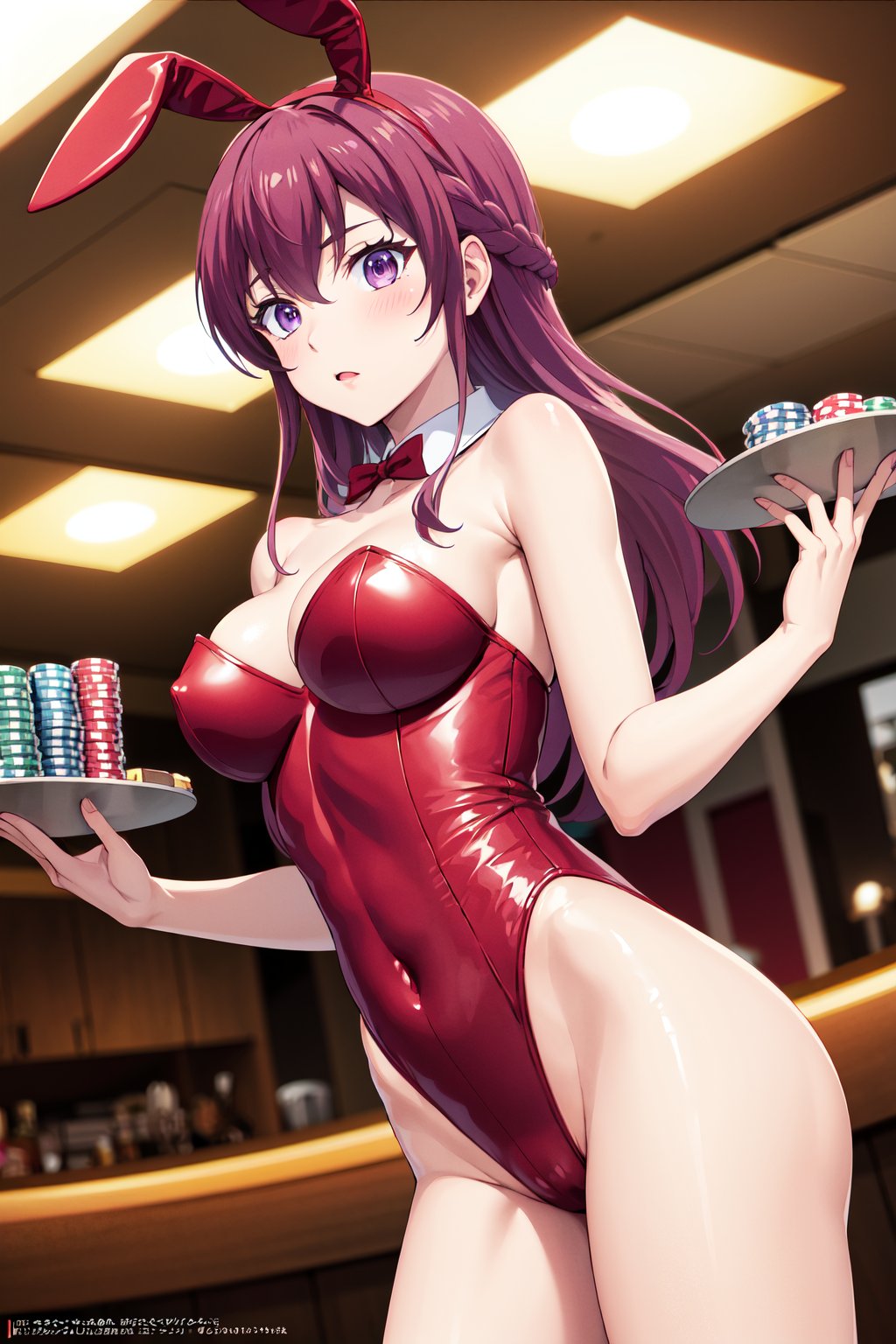 masterpiece, best quality, highres, 1girl, solo, long hair, purple hair, braid, purple eyes, <lora:makuzawa_ouka_v1:0.7>, playboy bunny, leotard, casino, indoors, cowboy shot, holding tray, poker chip,