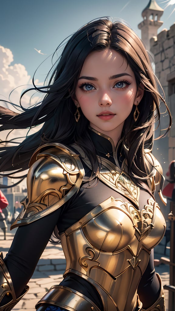 (best quality, masterpiece, colorful, highest detailed) upper body photo, fashion photography of cute (cute portrait of a Romanian-girl), perfect bobbed black hair, in high detailed medieval gold armor, metal gold reflections, high detailed chainmail, upper body, outdoors, professional photograph, award winning photography, (ultra-detailed body), (light smile:0.3), softlight passing through hair, (far away castle background), (Sharp focus), (dynamic angle)(extremely intricate:1.3)