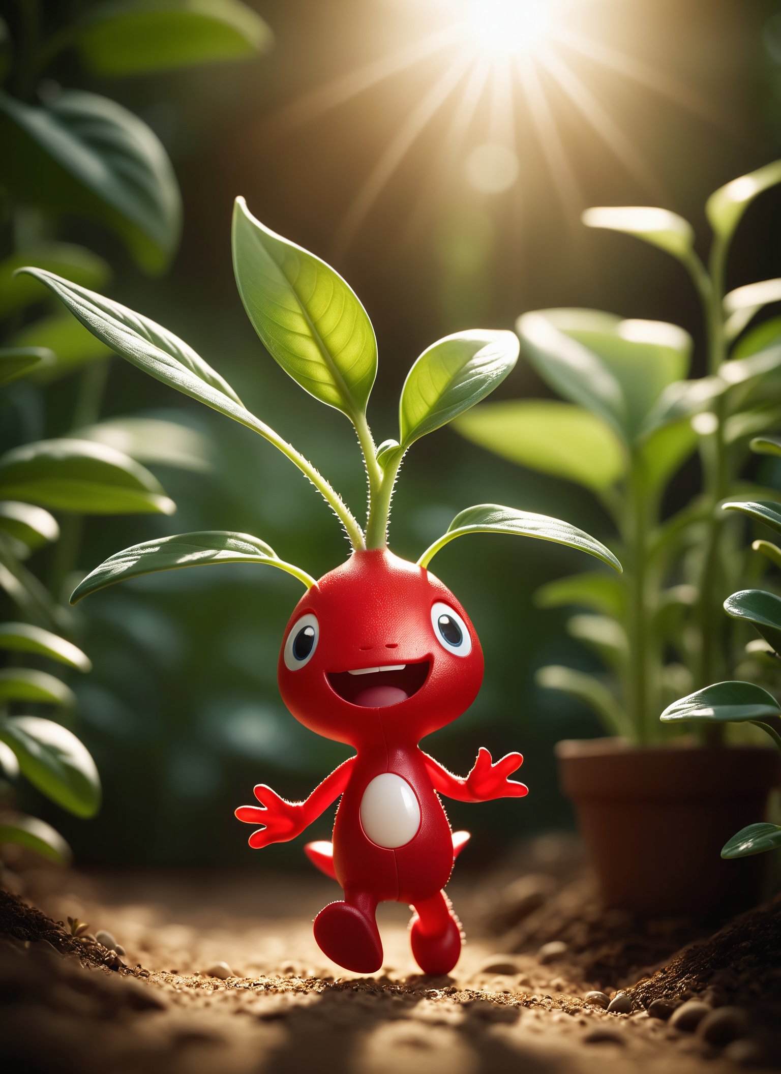cinematic still realistic (Lovely anthropomorphic baby plant creature:1.2), Cinematic composition, Radiant sunlight, Tiny smiling red pikmin, one tooth, running with arms in the air, National Geographic style, Nature's embrace, Detailed joy, Masterful light and shadow play . emotional, harmonious, vignette, highly detailed, high budget, bokeh, cinemascope, moody, epic, gorgeous, film grain, grainy