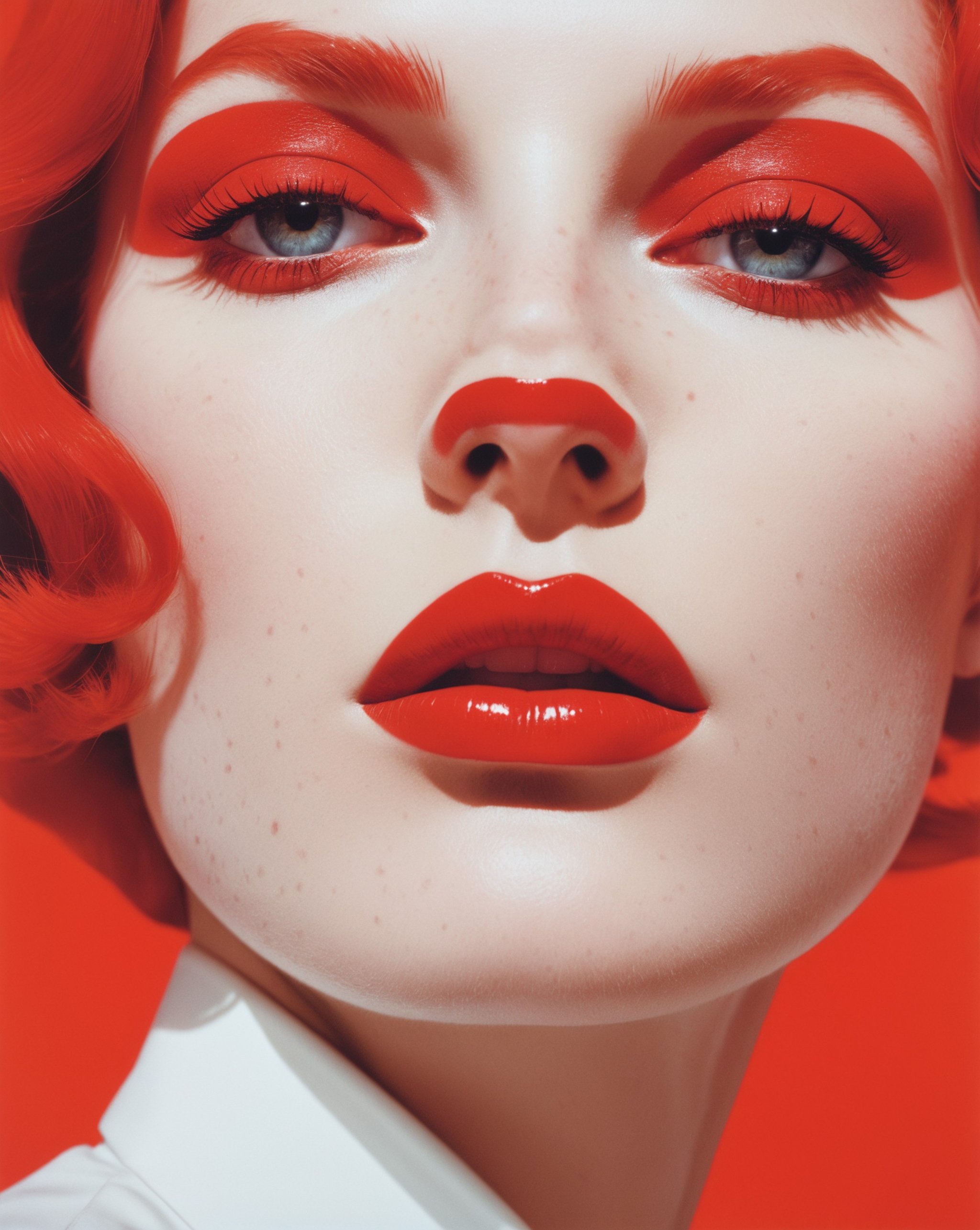 Guy Bourdin, red and white tones, Steven Klein, James Gilleard, bold lines, poster,