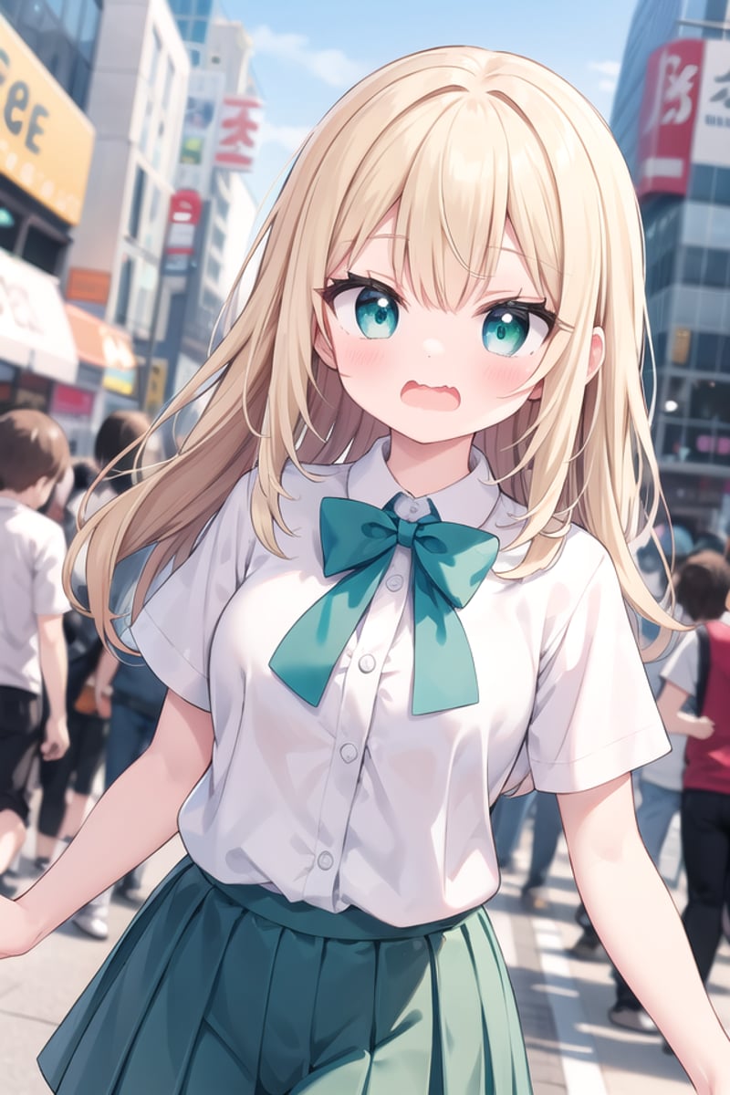 <lora:wavymouth_type7_v100:0.8>insanely detailed, absurdres, ultra-highres, ultra-detailed, best quality,1girl, solo, nice hands, perfect handsBREAKsummer school uniform, (plain dark green skirt with many pleats:1.4), (striped green bowtie:1.3), short sleeves, white shirt, shirt with white button, shirt_tucked_inBREAK(breast pocket, vest, blazor, long sleeves, checked skirt, striped skirt, striped shirt, striped sleeves, bra visible through clothes, skirt with frill:-1)BREAK(nsfw:-1.5)BREAKsurprised, open mouth, wavy mouthBREAKfrom below,standing, cowboy shot, looking at viewerBREAKslender, kawaii, perfect symmetrical face, ultra cute girl, ultra cute face, ultra detailed eyes, ultra detailed hair, ultra cute, ultra beautifulBREAKshibuya, akihabara, tokyo, street, crowd, cityscape, depth of field, ultra detailed backgroundBREAKlarge breastsBREAKblonde hair, blue eyes, curly hair