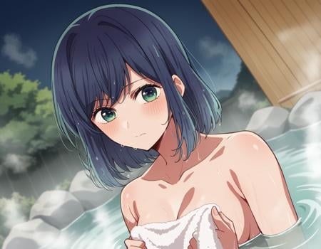 score_9, score_8_up, score_7_up, source_anime,akanekurokawa, <lora:akane-kurokawa-s1-ponyxl-lora-nochekaiser:1>,akane kurokawa, bangs, green eyes, blue hair, medium hair, dark blue hair,nude, naked, outdoors, onsen, towel, naked towel, steam, bathing, nude cover, partially submerged, water, bath, steam censor, wet towel, blush,looking at viewer, cowboy shot, dutch angle, solo,