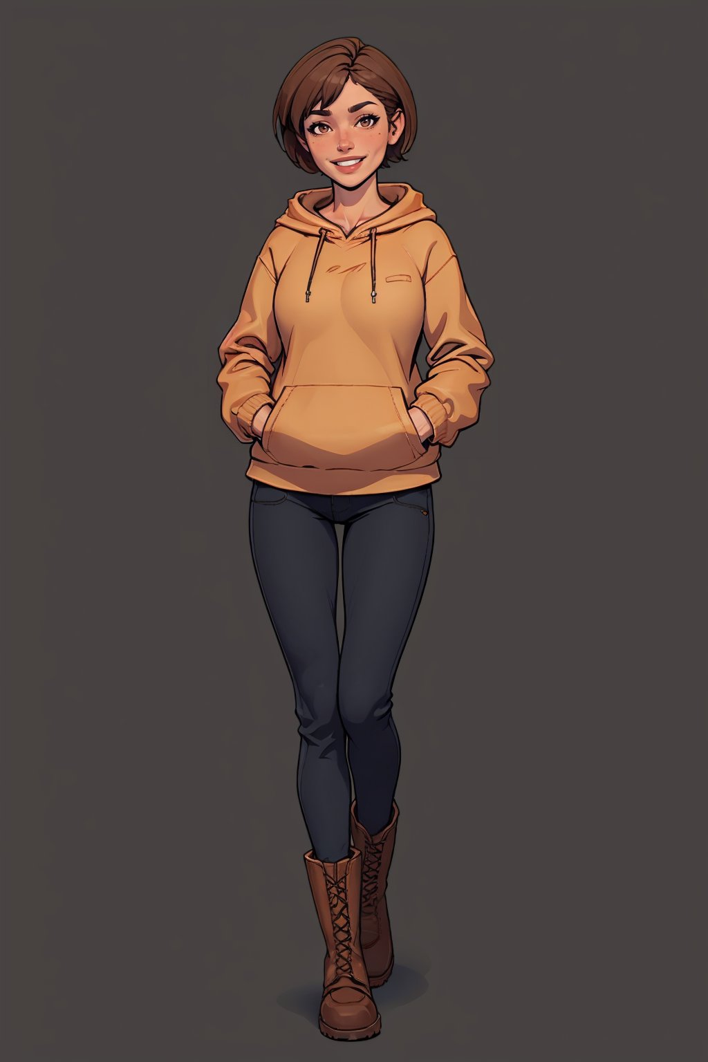 (masterpiece, best quality:1.2),  <lora:warlockandboobs:1>, warlockandboobs, solo, brown hair, pants, hood, 1girl, hood down, simple background, hand in pocket, short hair, brown eyes, smile, holding, brown footwear, full body, boots, looking at viewer, walking, black pants, hoodie, phone, grey background