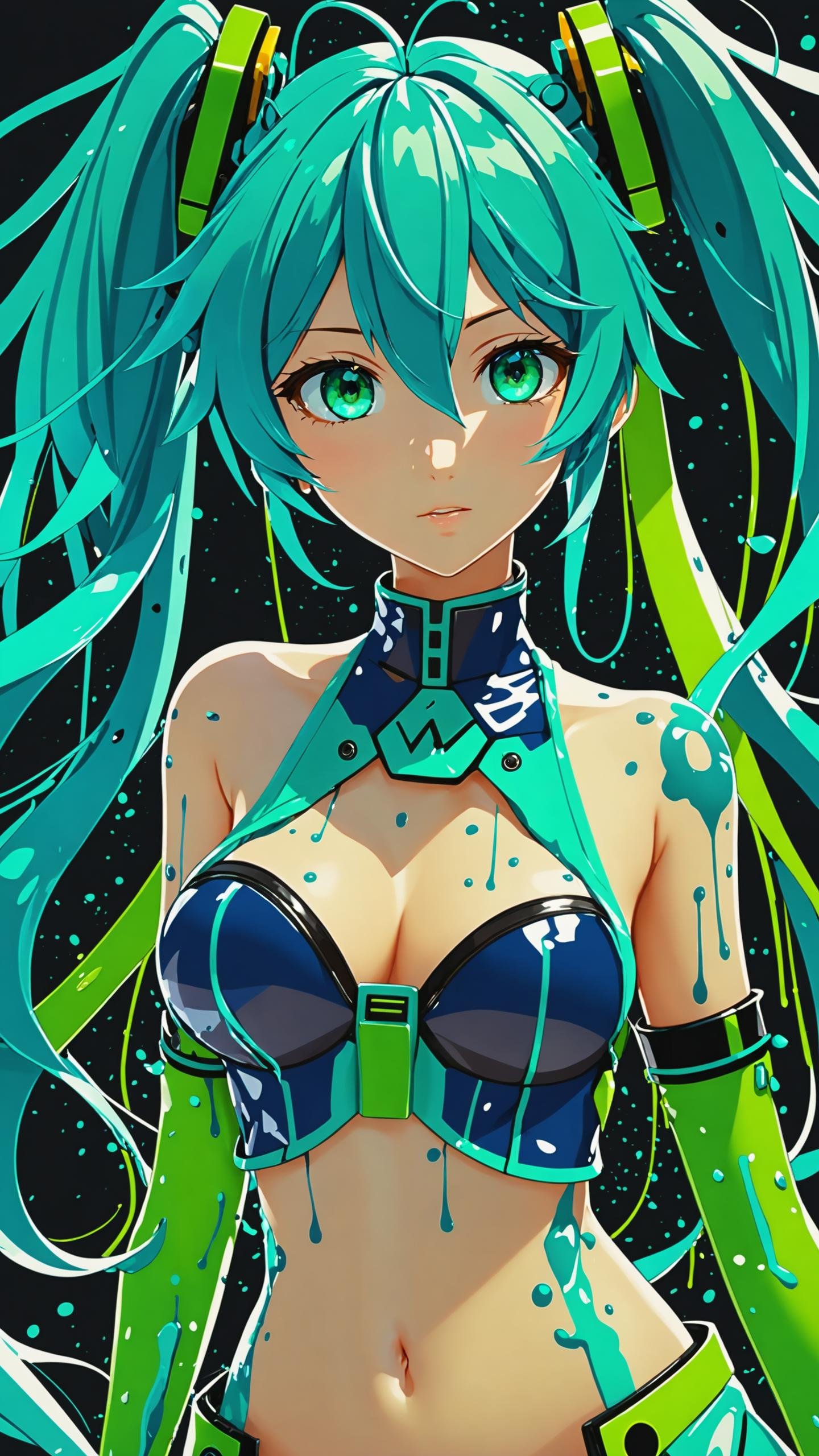 dark blue with green shades, splatter of green and blue, masterpiece, best quality, vivid colors, 35mm film, 8k uhd, hdr, realistic, intricately detailed eyes, splashy splash, detailed hair, intricate details in hair, Hatsune Miku, extremely detailed, navel, make the whole body visible