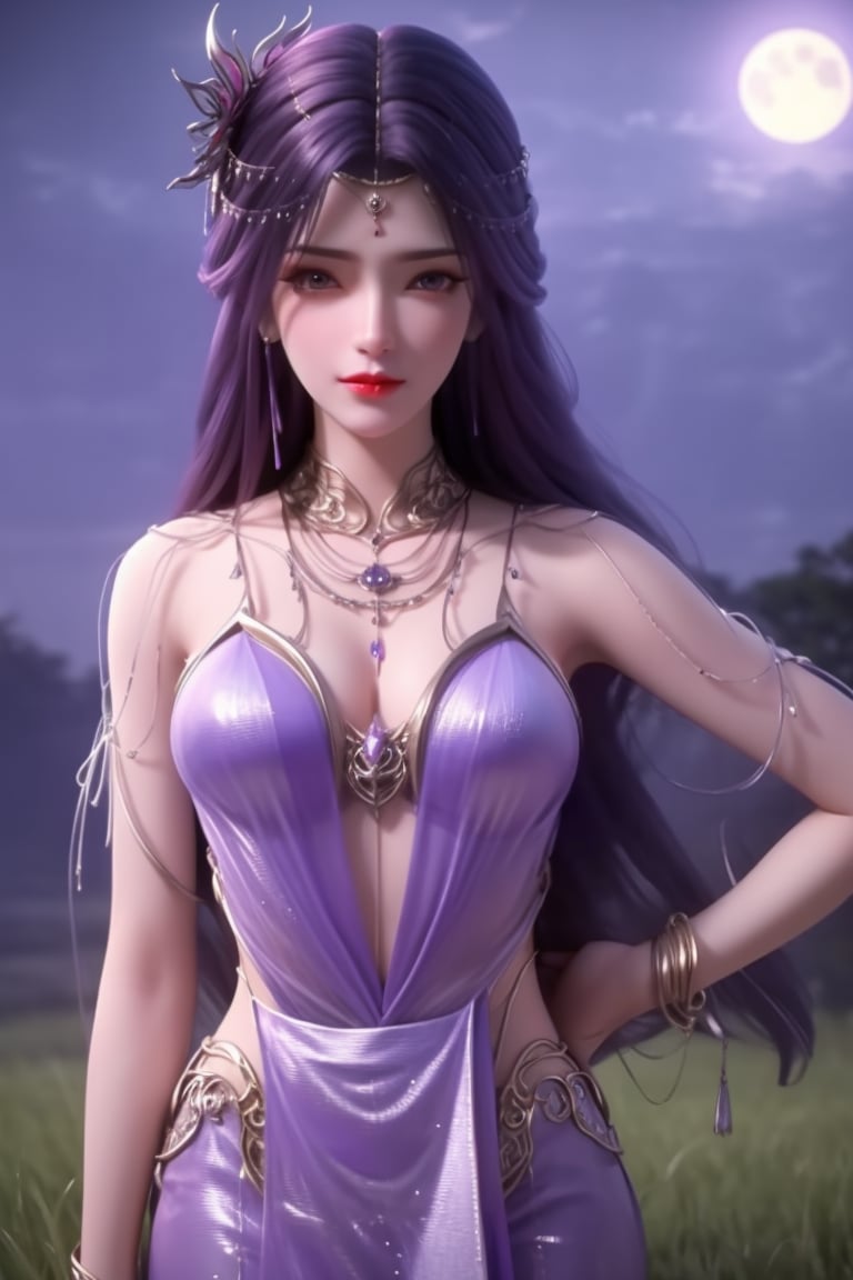 K,4K,FTL,Bloom,very detailed,colorful:1.4,highest detail,very detailed,ultra detailed painting,vivid color:1.1,a girl,alone,audience (Moonlight Night),grass,a girl,purple hair,long hair,face shape,hair,face,purple eyes,nose,mouth,eyelashes,lipstick,eye shadow,body,posture,face,cowboy photos,<lora:云汐:0.78>,standing,posing,stylish_pose,