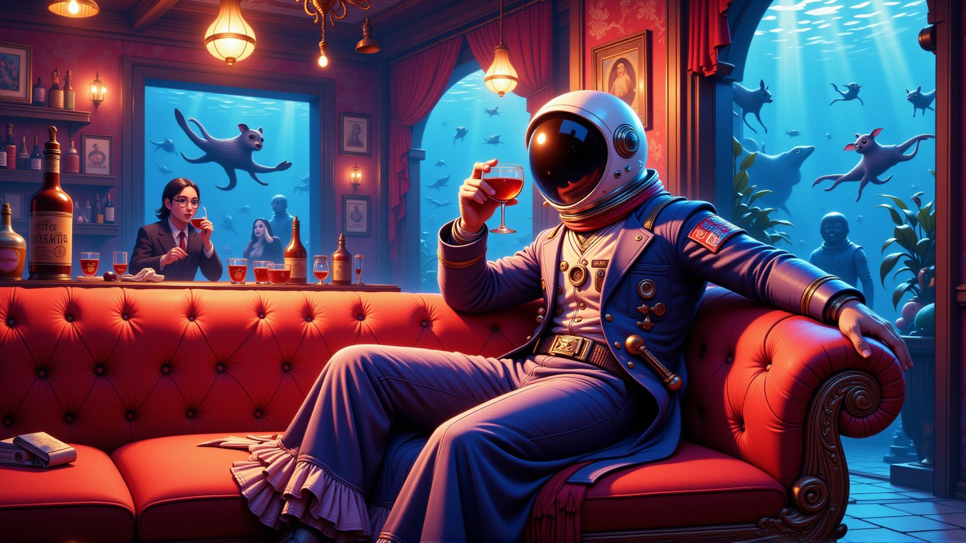 A retired astronaut disguised as a Flamenco Dancer sips sangria on a neon-lit, underwater nightclub's velvet couch.