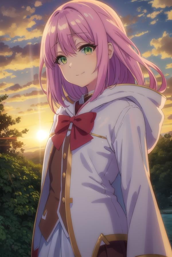 nornclatalissajioral, <lora:norn clatalissa jioral s1-lora-nochekaiser:1>,norn clatalissa jioral, long hair, hair between eyes, (green eyes:1.5), pink hair, smile,BREAK long sleeves, dress, bow, red bow, hood, robe, white robe,BREAK outdoors, forest, nature, grass, trees, sun, sky, clouds,BREAK looking at viewer, (cowboy shot:1.5),BREAK <lyco:GoodHands-beta2:1>, (masterpiece:1.2), best quality, high resolution, unity 8k wallpaper, (illustration:0.8), (beautiful detailed eyes:1.6), extremely detailed face, perfect lighting, extremely detailed CG, (perfect hands, perfect anatomy),