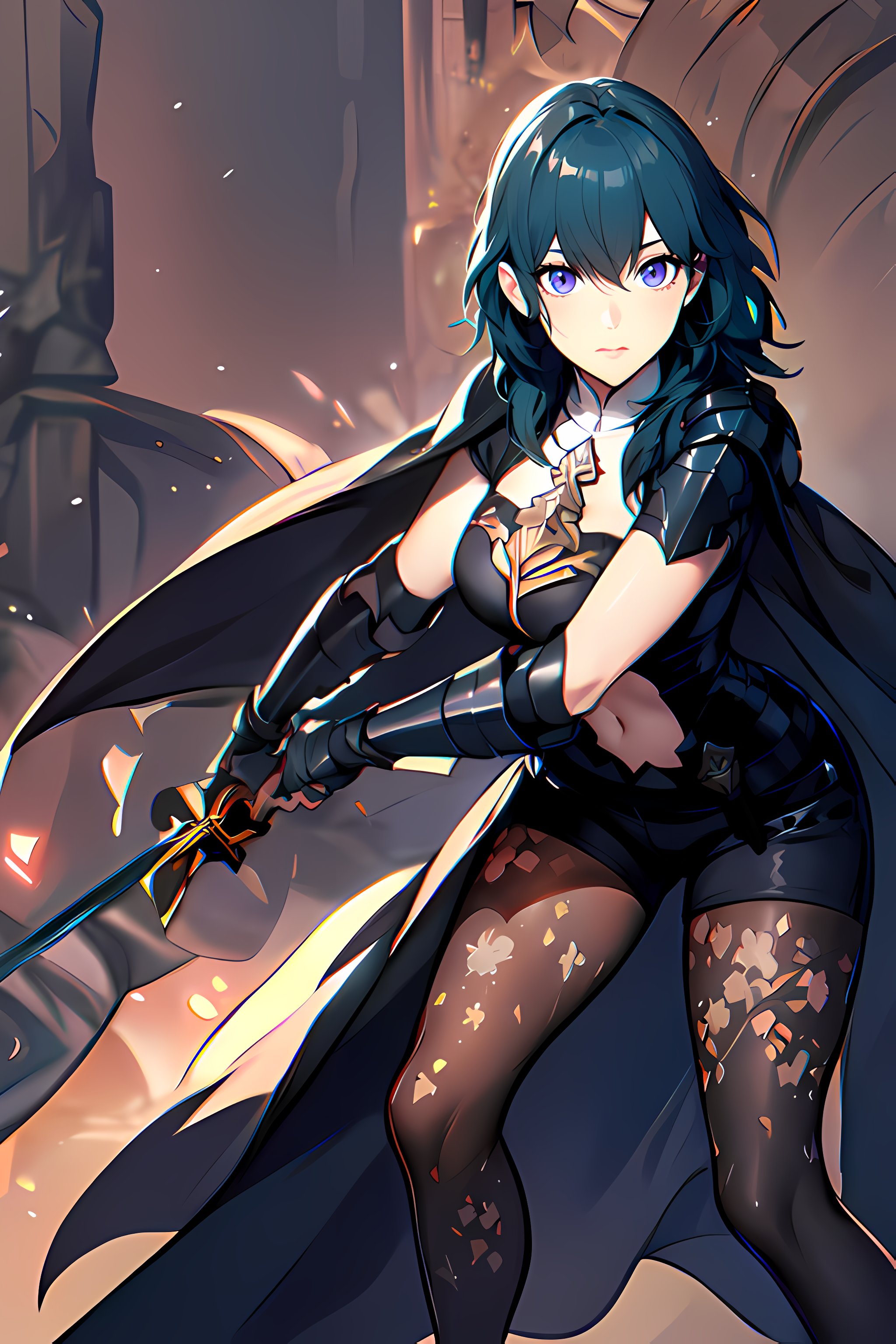 masterpiece,best quality, unreal engine, ultra res, extremely detailed,1girl, large breasts,  waist , (muscular:0.4) ,slender,<lora:Character_ort_byleth_fe3h_v0.8:0.7>byleth,armor, shorts, gauntlet, cape, pantyhose, floral print,watching at viewer,fealess face, fighting stance, (holding sword, long sword:1.2)<lora:Style_hews_style:0.4>hews style <lora:Style_cutesexyrobutts_v2:0.>CSR STYLE<lora:Style_puuzaki-puuna-lora-v1:0.><lora:Style_anmnr01AOM3A1:0.><lora:Concept_Round_Breasts_V7:0.2>ROUND BREASTS, medium  BREASTS