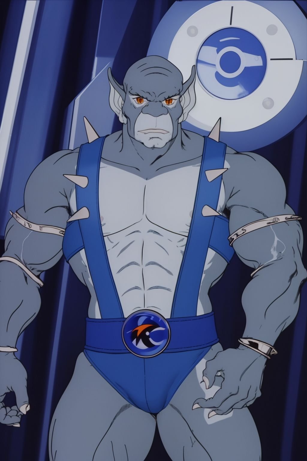 <lora:panthro_v1:1> panthro, 1boy, blue overalls, spikes, eye of thundera, silver bracelet, upper body