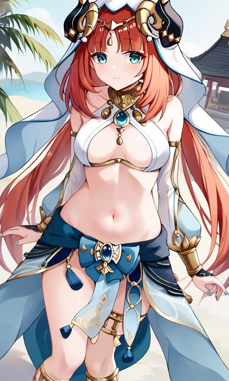 <lora:sdxl-gen-nilou-pony:0.8> gen-nilou, GenshinImpact, 1girl ,aqua eyes, eyeliner, orangered hair, shiny hair, horns, long hair, low twintails, parted bangs, sidelocks, medium breasts, blue nails, circlet, thighlet , neck ring +++ see-through veil, blue gemstone, white headwear, brooch, lightblue harem outfit, puffy long sleeves, bare shoulders, detached sleeves, gold trim, blue skirt, gladiator sandals +++ smile, (troubled eyebrows:0.6), +++ leaning back, POV, looking ahead, portrait, cinematic lighting, Pagoda