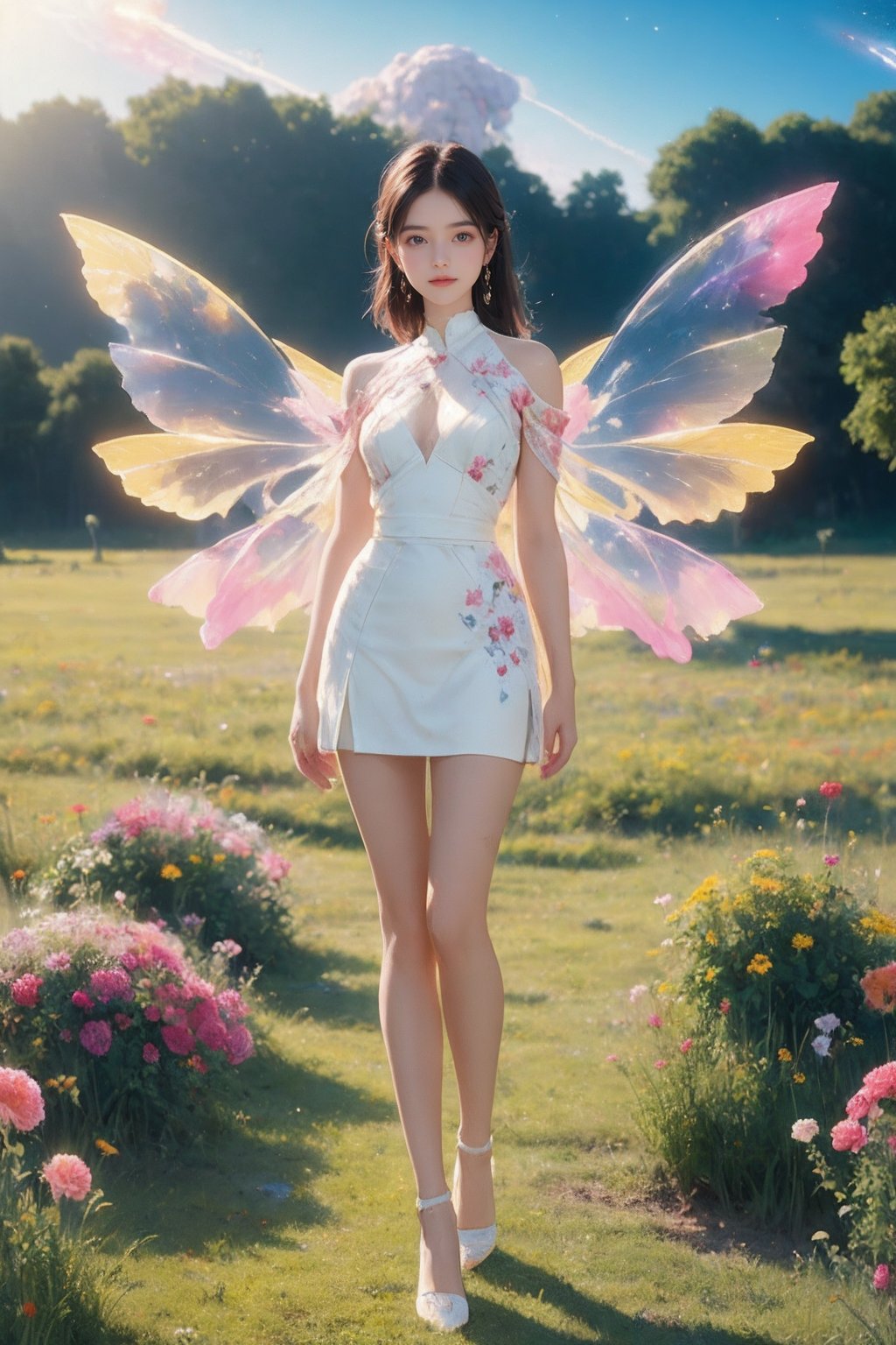 1girl,(portrait:1.4),white dress,short skirt,(very long legs:1.1),nebula,(painted clothes:1.3),standing,(transparent wings:1.3),high heels,lake,flowers,flowers meadows,grasslands,day,sunny sky,outdoors, <lora:Again_Style_2:0.8>