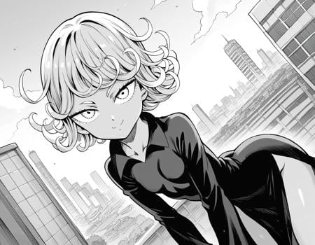 score_9, score_8_up, score_7_up, source_anime,tatsumaki, <lora:opm-tatsumaki-manga-ponyxl-lora-nochekaiser:1>,tatsumaki, short hair, curly hair, monochrome, greyscale,long sleeves, dress,outdoors, cityscape, bent over, smile,looking at viewer, cowboy shot, solo, dutch angle,