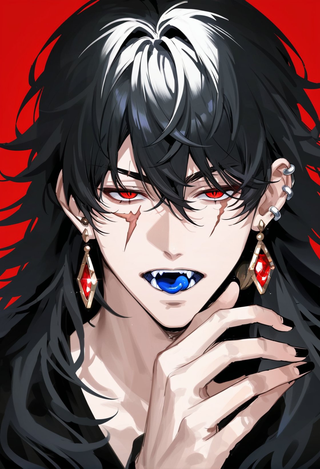 <lora:muksal3.0:0.7>,muksal,1boy,red eyes,solo,jewelry,tongue,scar,earrings,scar on face,licking lips,piercing,looking at viewer,open mouth,hair between eyes,gem,long hair,red background,fangs,shirt,black shirt,hand up,bangs,blue tongue,black hair,black nails,fingernails,glint,ear piercing,gemstone,, score_9,score_8_up,score_7_up,source_anime,