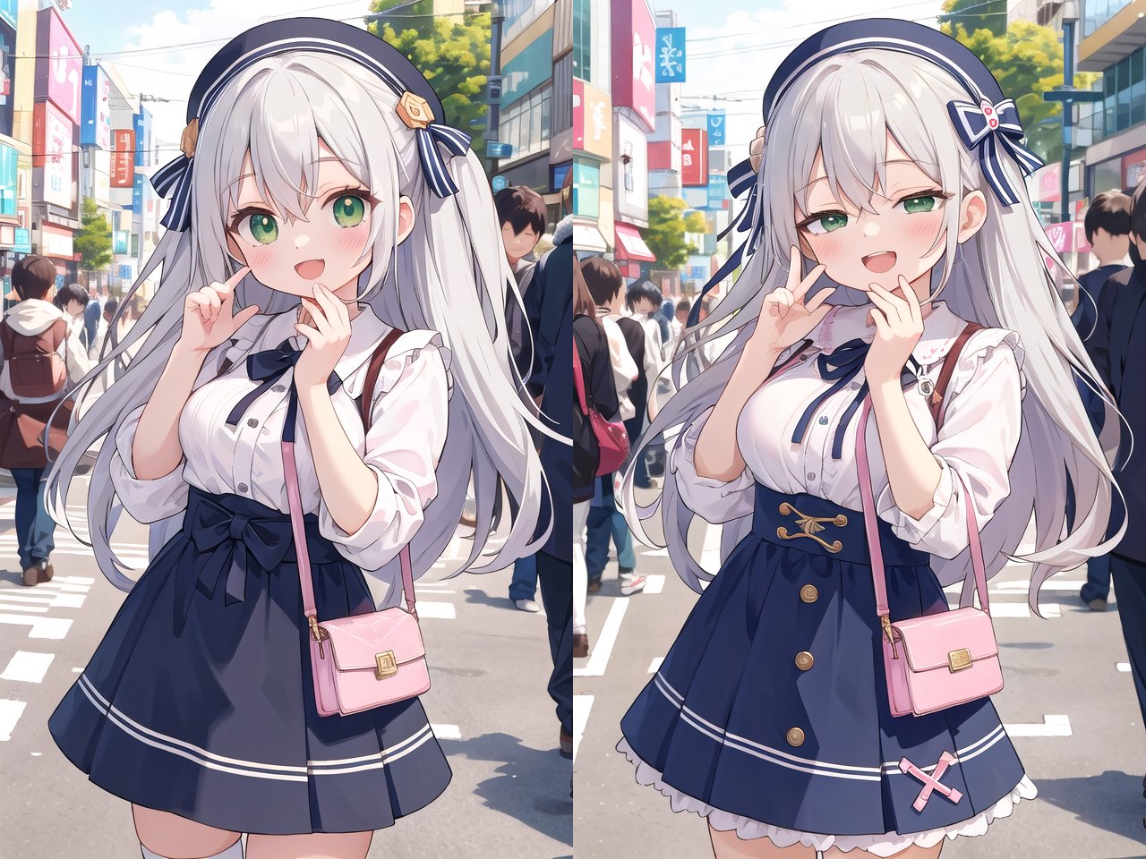 <lora:hosome_v200:1.25>insanely detailed, absurdres, ultra-highres, ultra-detailed, best quality,1girl, solo, 16 years old,  nice hands, perfect hands,BREAK,(wearing harajuku-style coordinate),happy smile, laugh, open mouth,cute pose, cowboy shot,BREAK,slender, kawaii, perfect symmetrical face, ultra cute girl, ultra cute face, ultra detailed eyes, ultra detailed hair, ultra cute, ultra beautiful,by Canon EOS, SIGMA Art Lens 35mm F1.4, ISO 200 Shutter Speed 2000,in harajuku, shibuya, tokyo, street, crowd, cityscape,medium breasts, ,BREAK,(grey hair, green eyes), hair between eyes