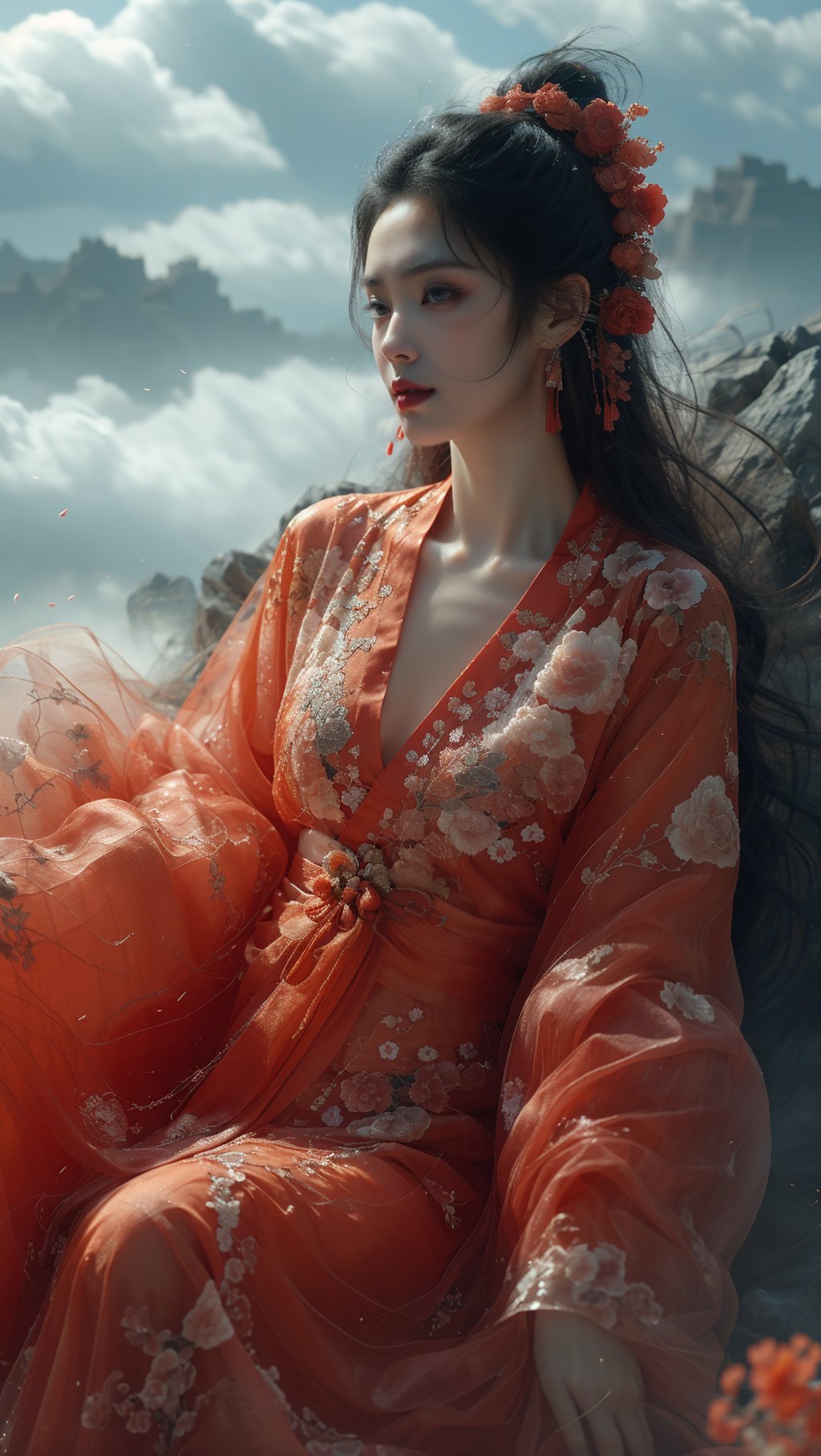 sdmai, wonv, 1girl, solo, hair ornament, long hair, black hair, chinese clothes, red lips, cloud, sky, flower, jewelry, earrings, dress, hanfu <lora:SDMAI卧女wonv:0.6> 