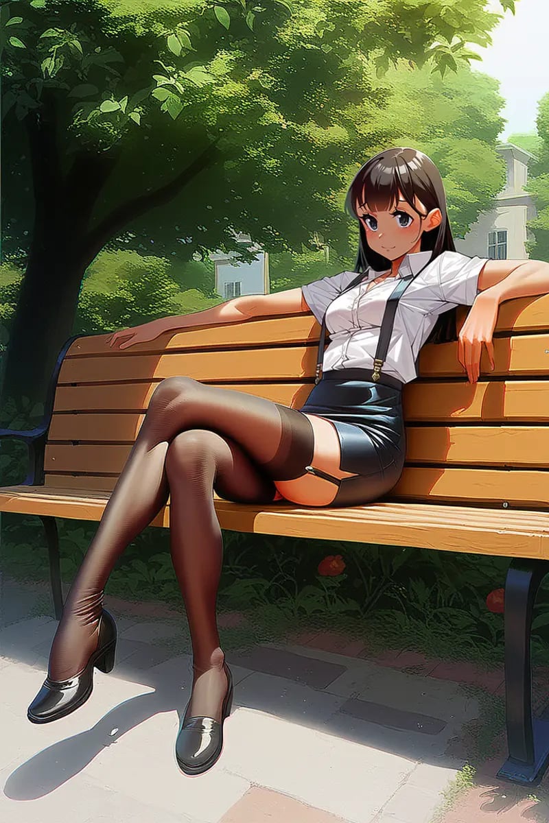 <lora:PonyRealBlackFFStocking:0.7>, score_9, score_8_up, score_7_up, score_6_up, score_5_up, score_4_up, (source_anime), anime style, BREAK 1girl, solo, full body, sitting,  minidress, crossed legs, upskirt, (RealBlackFFStocking), suspenders, (bench in a park)