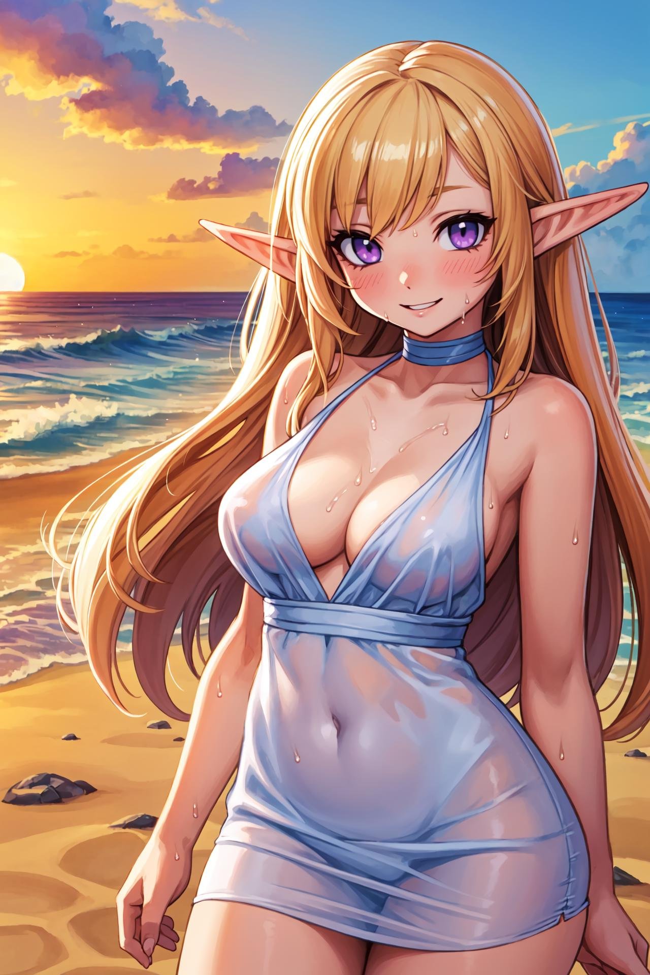 masterpiece, best quality, highres, extremely detailed, (cg illustration), ((1girl as elf with pointy ears and long hair)) and detailed face and glossy detailed purple eyes, outdoors, beach, sea, sunset, (painterly, depth of field), fine details, (nsfw), cowboy shot, medium shot, she wears white wet see-through white minidress, (see-through, wet clothes), (looking at viewer, in heat), blushing, parted lips, light smile, bursting breasts, cleavage, bare legs, upright, dynamic lighting, (sharp, cel shading), outline, traditional media, watercolor \(medium\), <lora:add_detail:0.1>, 