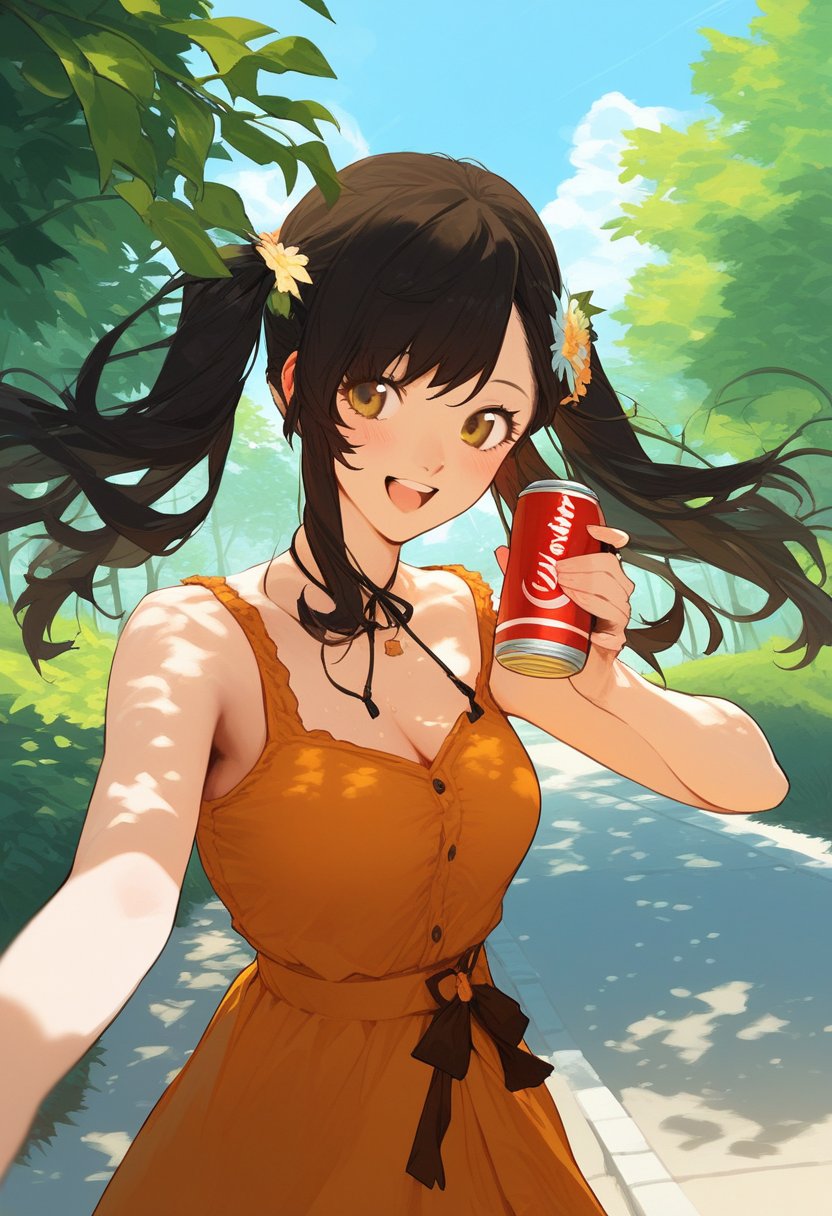 score_9, score_8_up, score_7_up, score_6_up, source_anime, <lora:CLD 0.1v:1>, CLD, A young woman with long, dark hair styled in pigtails, wearing hair accessories, is standing outdoors on a sunny day. She is smiling brightly and is dressed in an orange sleeveless dress. The background is filled with green, leafy trees, suggesting a park or forest setting. She is holding an orange soda can in one hand, with the other hand in the motion of opening it. The scene captures a cheerful, lively atmosphere with natural light highlighting her and the vibrant colors of her dress and the soda can.