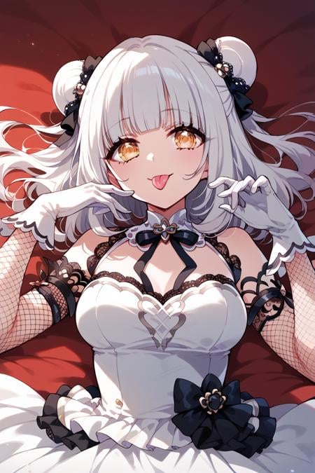 score_9, score_8_up, score_7_up, score_6_up, 1girl, <lora:Elsie:0.9> elsie, bangs, hair bun, gloves, dress, solo, tongue out, tongue, lying, looking at viewer, breasts, white gloves, hair ornament, double bun, fishnets,