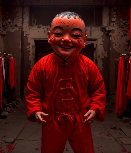 a boy with a big head,emoji,smile,hands on hips,red clothes,solo,bust,no humans,indoors,ruins,blood_trail,red theme,horror \(theme\),Chinese horror,<lora:Chinese_horror_v1:0.7>,