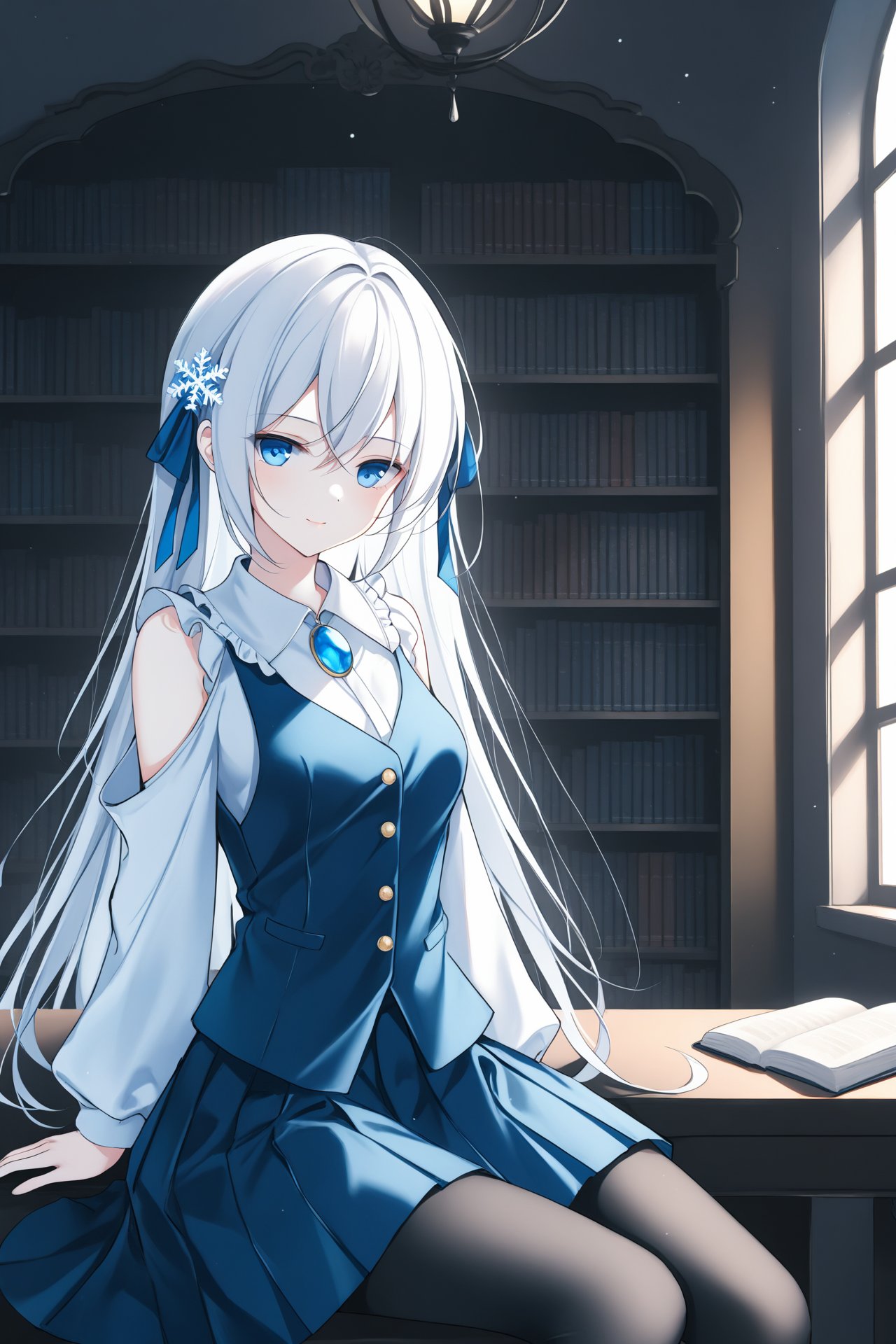 1girl, solo, blue eyes, white hair, (long hair), hair between eyes, medium breasts, white_shirt, frilled collar, pleated skirt, long sleeves, brooch, snowflake hair_ornament, waistcoat, black leggings, (open jacket), shoulder cutout, hair ribbon, sitting, looking at viewer, (jitome), half-closed eyes, [light_smile], depth of field, indoors, bookshelf, bookcase, counter, (french window), pendant lamp, open book, sunlight, light particles, masterpiece,bestquality,[Artist miwano rag],[Artist toosaka asagi],[Artist wlop],[Artist chen bin],[iumu], omochi_monaka