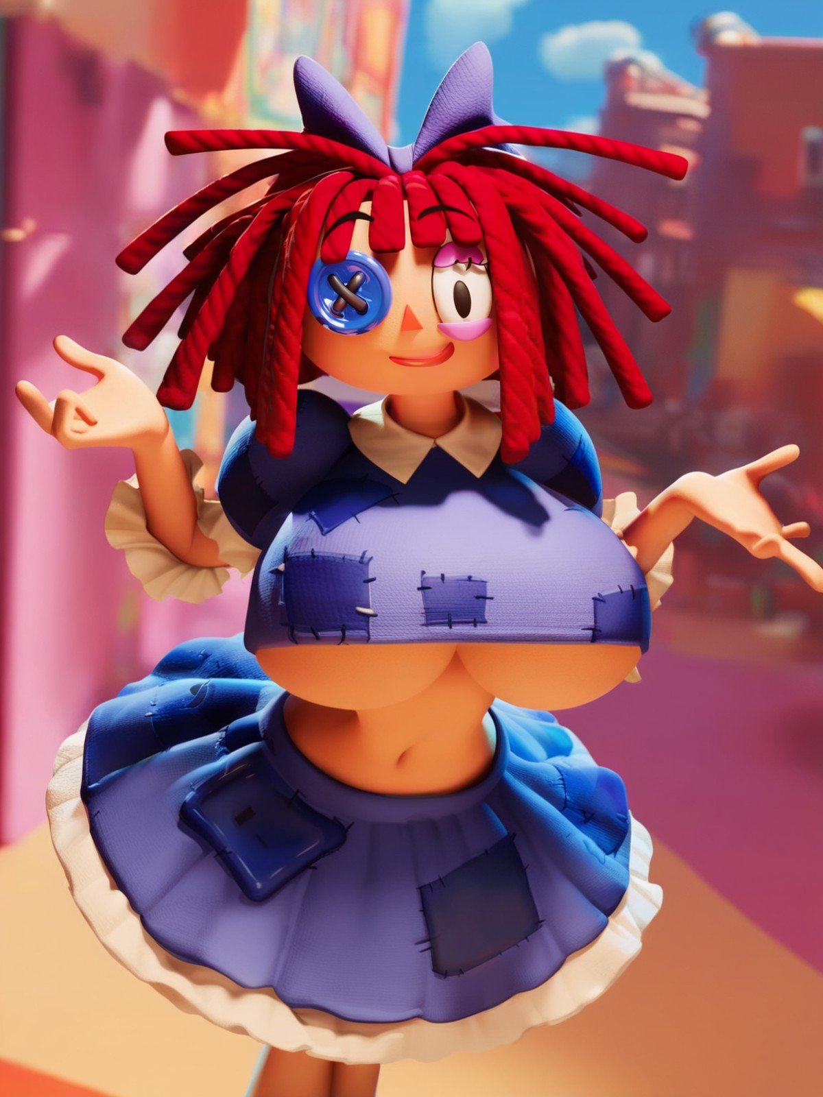 solo focus, <lora:doll-000010:0.7> d_ll, 1girl,rag-doll, red yarn-like hair, flat orange triangular nose, blue button eye and black pupil in actual eye, purple bow in hair,     croptop underboobs, huge breasts, looking at viewer,, score_9, score_8_up, score_7_up,