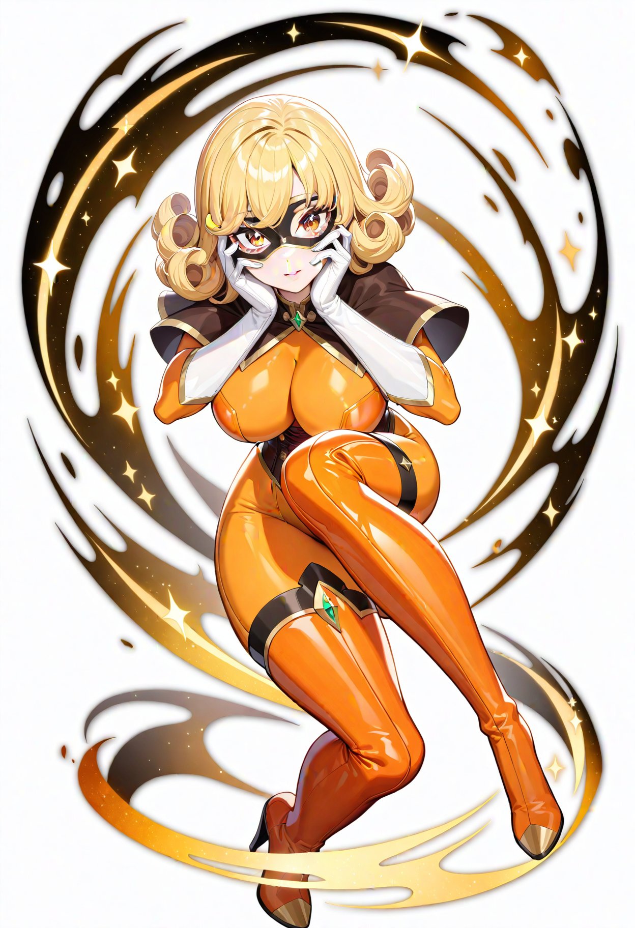 1girl,    curly hair, high heels, lips, domino mask, 1up, armor, white gloves, covered eyes, corset, solo, high heel boots, simple background, orange thighhighs, orange footwear, boots, capelet, thigh boots, mask, white background, blonde hair, thighhighs, large breasts, parted lips, short hair, hand on own face, orange bodysuit, breasts, gloves, full body, facing viewer, bodysuit, masterpiece, best quality, newest,  safe