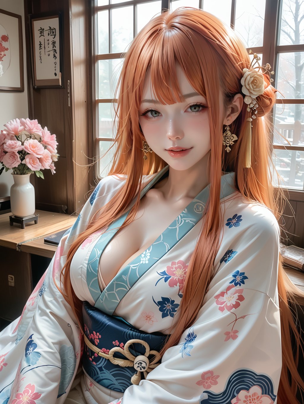 score_9, score_8_up, score_7_up,solo, 1girl, curves, sexy, kimono , naughty face expression , stylish copper hair , absurdly long hair,indoors, 