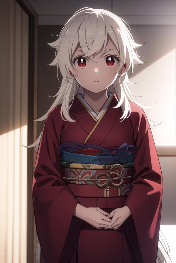 summertimehaine, <lora:summertime haine s1-lora-nochekaiser:1>,haine, long hair, bangs, (red eyes:1.3), white hair,BREAK japanese clothes, kimono, red kimono,BREAK indoors,BREAK looking at viewer,BREAK <lyco:GoodHands-beta2:1>, (masterpiece:1.2), best quality, high resolution, unity 8k wallpaper, (illustration:0.8), (beautiful detailed eyes:1.6), extremely detailed face, perfect lighting, extremely detailed CG, (perfect hands, perfect anatomy),