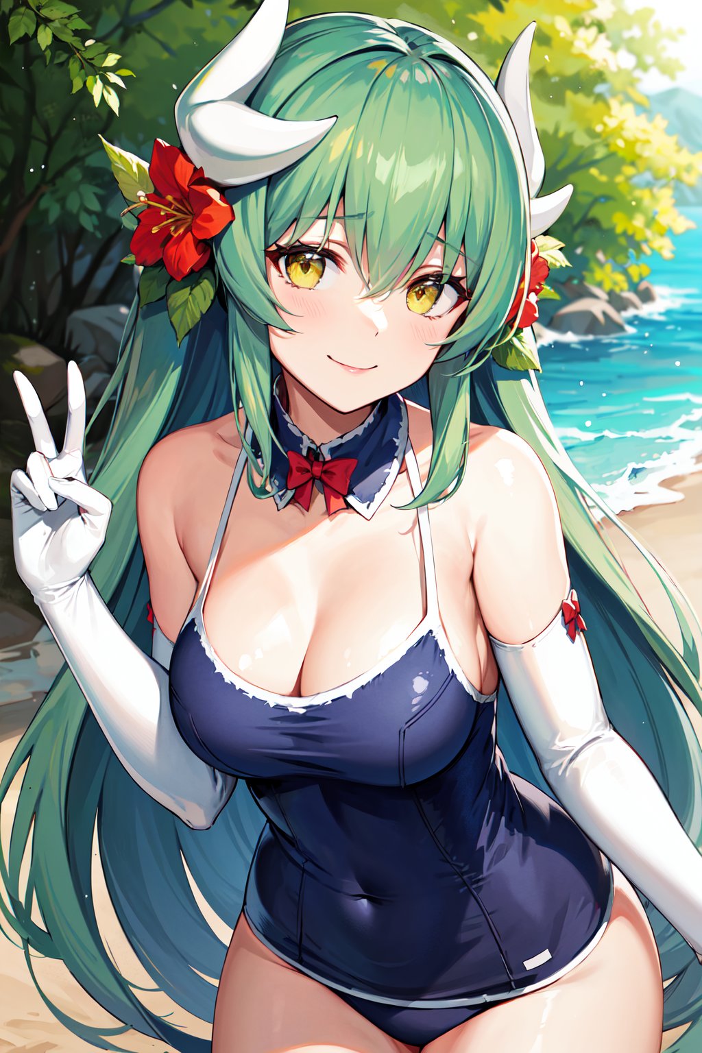 masterpiece, best quality, highres, bbkiyo, long hair, green hair, white horns, hair flower, yellow eyes, detached collar, cleavage, school swimsuit, blue one-piece swimsuit, elbow gloves, white gloves, white bow, <lora:kiyohime_(lancer)_v1:0.7>, peace sign, smile, outdoors