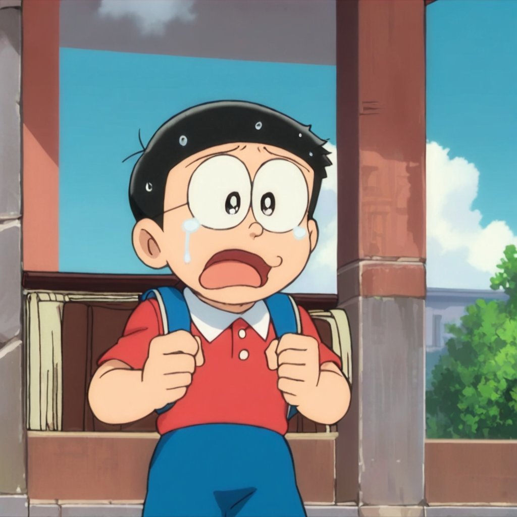 score_9, score_8_up, score_7_up, score_6_up, score_5_up, score_4_up, source_anime, nobi nobita, 1boy, male focus, solo, black hair, sky, cloud, open mouth, tears, backpack, blue sky, crying, day, upper body, black eyes, bag, red shirt, parody, shirt, outdoors, tearing up, masterpiece, best quality,<lora:minamoto shizuka and nobita pony:1>