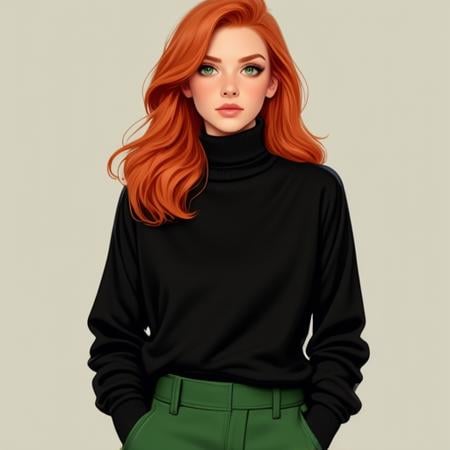 Realistic Cartoon, a woman with red hair and green eyes wearing a black sweater and green pants