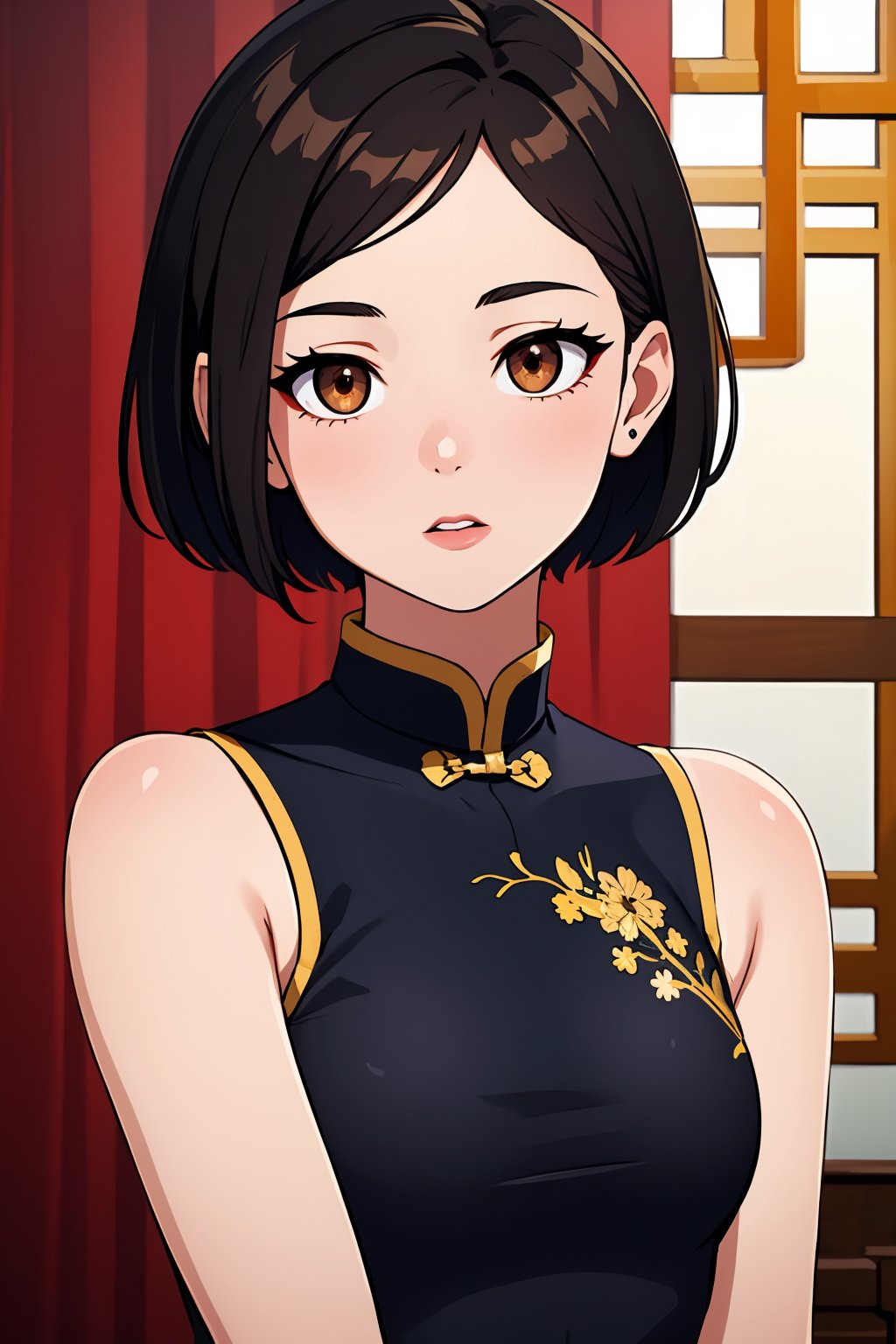 (best quality:1.4),(masterpiece:1.4),(8K:1.4),(extremely detailed:1.4),1girl,solo,brown eyes,(upper body:1.2),looking at viewer,short hair,black hair,chinese clothes,