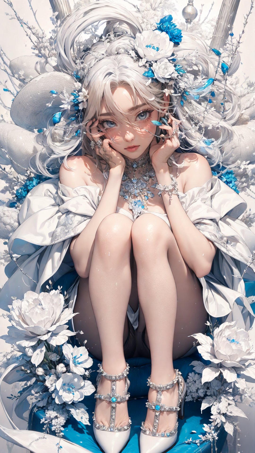 tutututu,high heels,-1girl, blue eyes, solo, long hair, blue nails, looking at viewer, white hair, flower, jewelry, floating hair, nail polish, ring, hat, hair ornament, bare shoulders, breasts, white nails, bangs, hair between eyes, hands on own face,White hell,<lora:add_detail:0.2>  <lora:White hell:0.6><lora:merged_0020:0.9>,