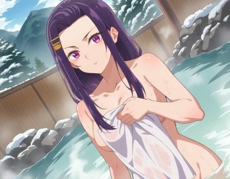 score_9, score_8_up, score_7_up, source_anime,sayuriakino, <lora:sayuri-akino-ponyxl-lora-nochekaiser:1>sayuri akino, long hair, hair ornament, hairclip, purple hair, purple eyes, forehead,nude, naked, outdoors, onsen, towel, naked towel, steam, bathing, nude cover, partially submerged, water, bath, steam censor, wet towel,looking at viewer, cowboy shot, dutch angle,