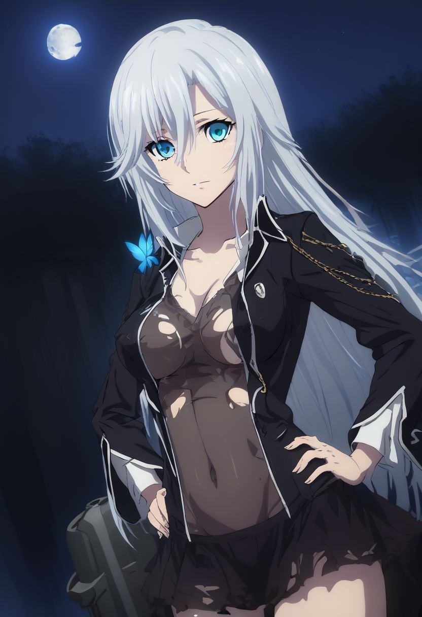 score_9, source_anime, (La Folia_STB:1.5), azur lane metanize, BREAK aqua eyes, wing collar, neck ribbon, black jacket, aiguillette, white shirt, buttons, long sleeves, pleated skirt, (torn shirt, torn skirt, open clothes, clothing cutout, revealing clothes:1.1), (medium breasts, covered nipples, navel, hands on hip, collarbone:1.3), BREAK (close up, upper body portrait, character in the center, 45-degree angle:1.5), BREAK (butterfly:1.3), (night sky, full moon, cannon over the shoulder, simple background:1.3)