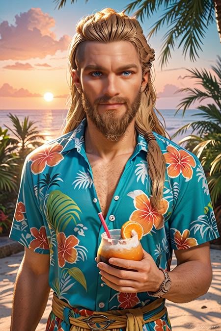 score_9, score_8_up, score_7_up, score_6_up<lora:ACMEivor:1.0>ACMEivor, 1boy, blonde hair, long hair, blue eyes, beard, looking at viewer, male model wearing a Hawaiian shirt, smiling, holding a coconut drink, vibrant sunset, palm trees swaying in the breeze, tropical vibes