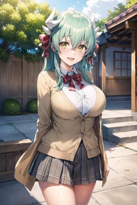 masterpiece, best quality, highres, aakiyo, long hair, aqua hair, white horns, hair bow, yellow bow, yellow eyes, <lora:kiyohime_(lancer)_v1:0.7>, cardigan, plaid skirt, arms behind back, smile, open mouth, petals, outdoors, big breasts,  (hisasi)  <lora:Hisasi-Style_baked:1>