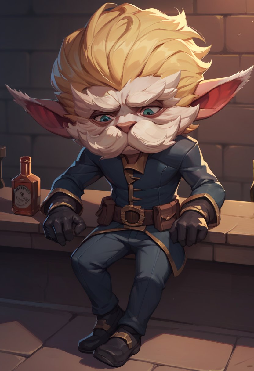 score_9, score_8_up, score_7_up, score_6_up, h3im3rding3r, 1boy, male focus, yordle, blonde hair, pointy ears, mustache, belt, pants, black gloves, gloves, black footwear, <lora:Heimerdinger_Default_v1:0.7>, solo, looking down, head tilt, exhausted, sad, alcohol 