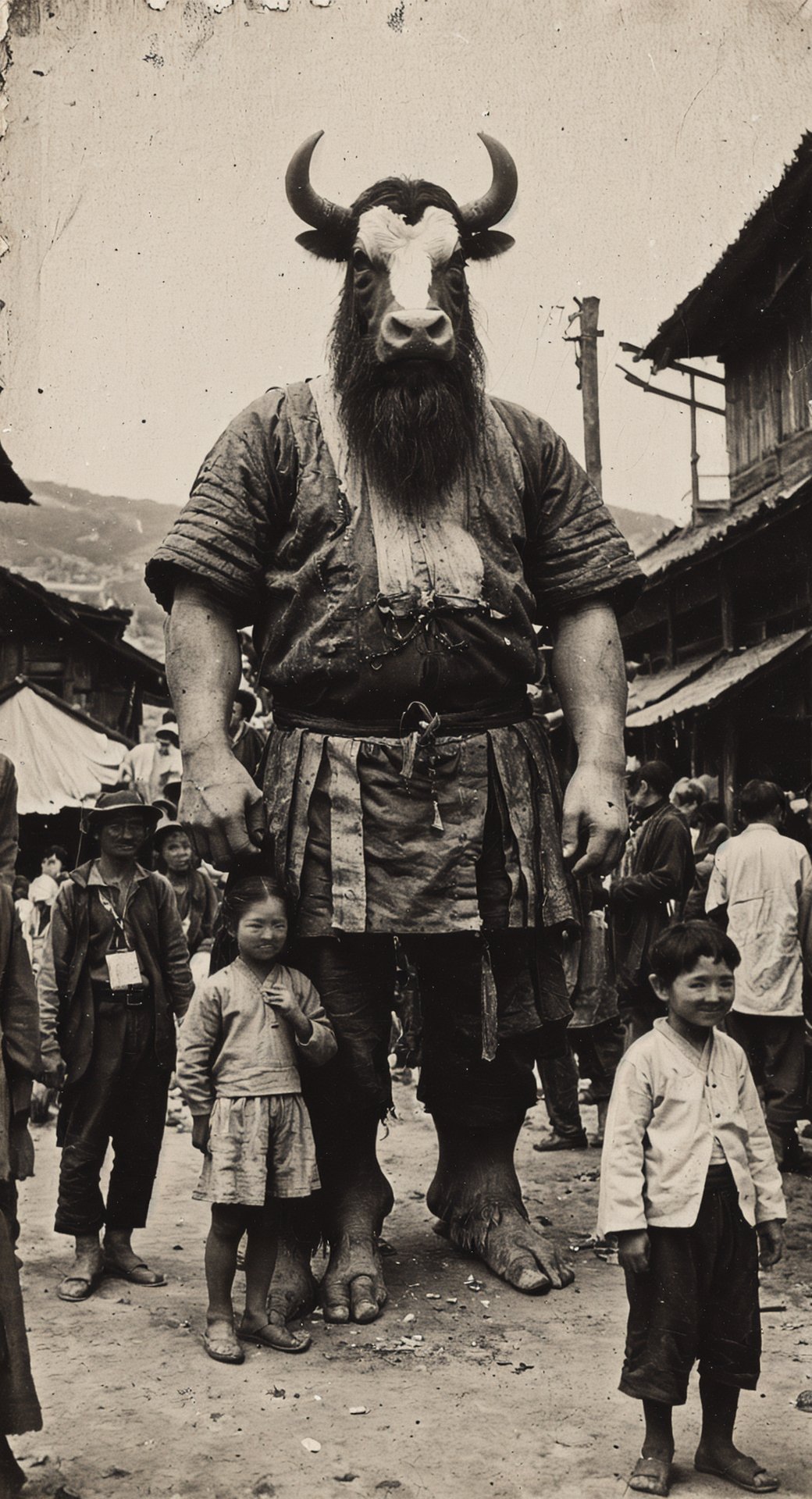 masterpiece, best quality, highres, hyper detailed, faded old photo, damaged, 1840s, Ancient asian cultural, fantasy, surreal, a real 8 foot tall cow Head Warrior stands with the local villagers, giant, beard, traditional dress, armor, costume, smile, crowd, children, outdoor, village scene, depth of field, <lora:oldPhotoV1:1>, 