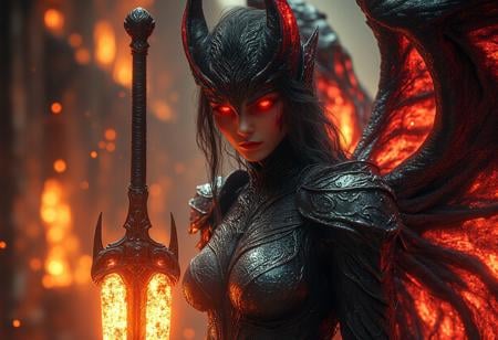 a cinematic photograph of an angel warrior with black hair and red glowing eyes wearing dark armor wielding a flaming sword, black and red wings on back, photorealistic, photography lighting, extremely detailed, shot on Sony A7R V with Leica lens, fire background. HKStyle, hkevil