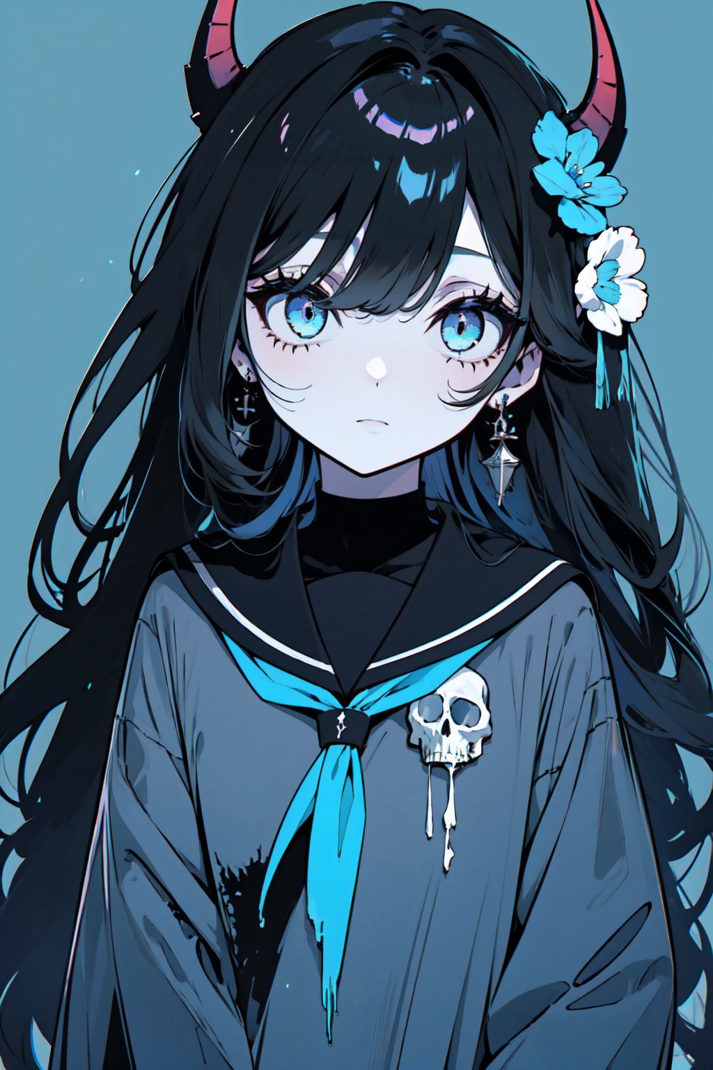 (official art,unity 8k wallpaper,ultra detailed,High quality,best quality),(zentangle, mandala, tangle, entangle:0.6),(blue black),flat color,limited palette,low contrast,(1girl:1.5),solo,serafuku,long straight black hair,lycoris flower,(goat skull:1),(horror),(gloomy),(blue pigment:1.33),(hollow eyes:1),(expressionless eyes:1.3),cowboy shot, <lora:demon:0.8>,demon girl,