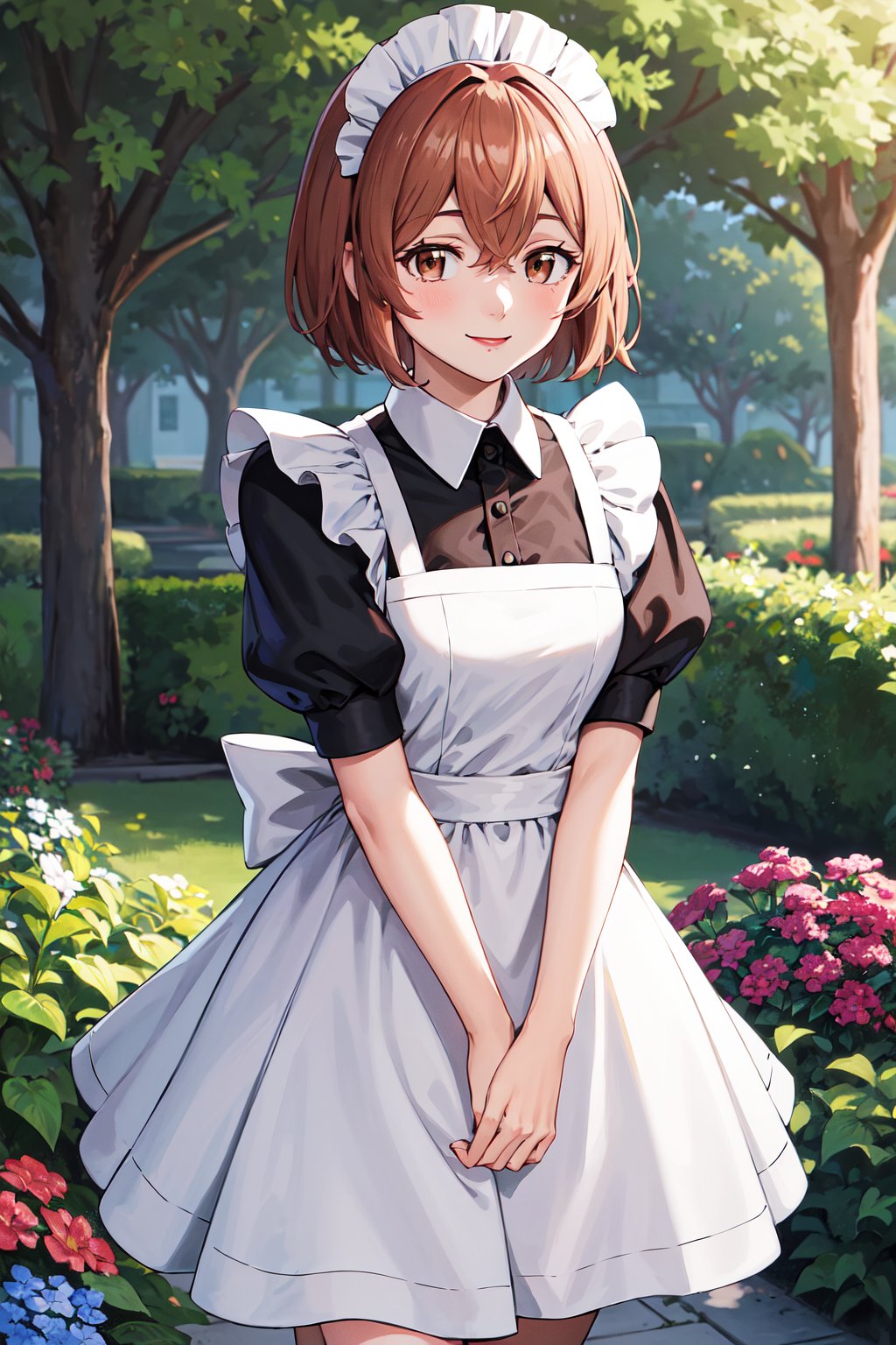 masterpiece, best quality, highres, 1girl, solo, short hair, brown hair, brown eyes, mole, <lora:tachibana_hinata_v1:0.7>, maid, maid headdress, smile, v arms, garden, standing