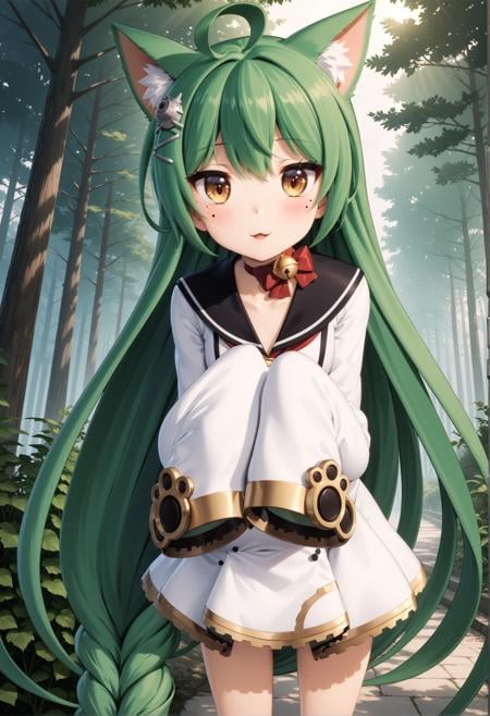 masterpiece, best quality, very aesthetic, ultra detailed, intricate details, 4k, anime style,AkashiAi, 1girl, solo, mole, mole under eye, yellow eyes, green hair, long hair, blush, smile, bangs, cat ears, animal ears, hair between eyes, brown eyes, very long hair, animal ear fluff,  long sleeves, dress, bow, ahoge, parted lips, choker, wide sleeves, sailor collar, white dress, red bow, sleeves past wrists, bell, jingle bell, sleeves past fingers, sailor dress, black sailor collar, akashi (azur lane)cowboy shot, looking at viewer, leaning forward, forest, outdoors, tree, sunlight, cloudy, <lora:Akashi_XL:1>