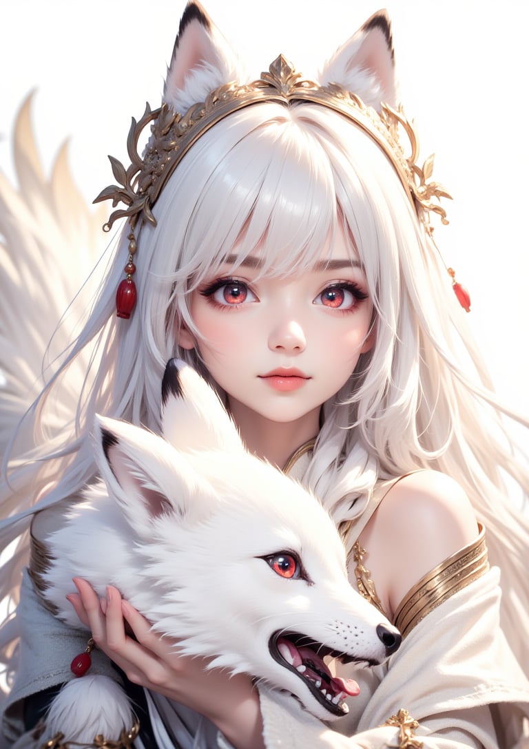 A serene female character with white hair and green eyes adorned with traditional clothing and accessories gently holds a white fox with striking red eyes.<lora:Mys64_cosine-000004:1>