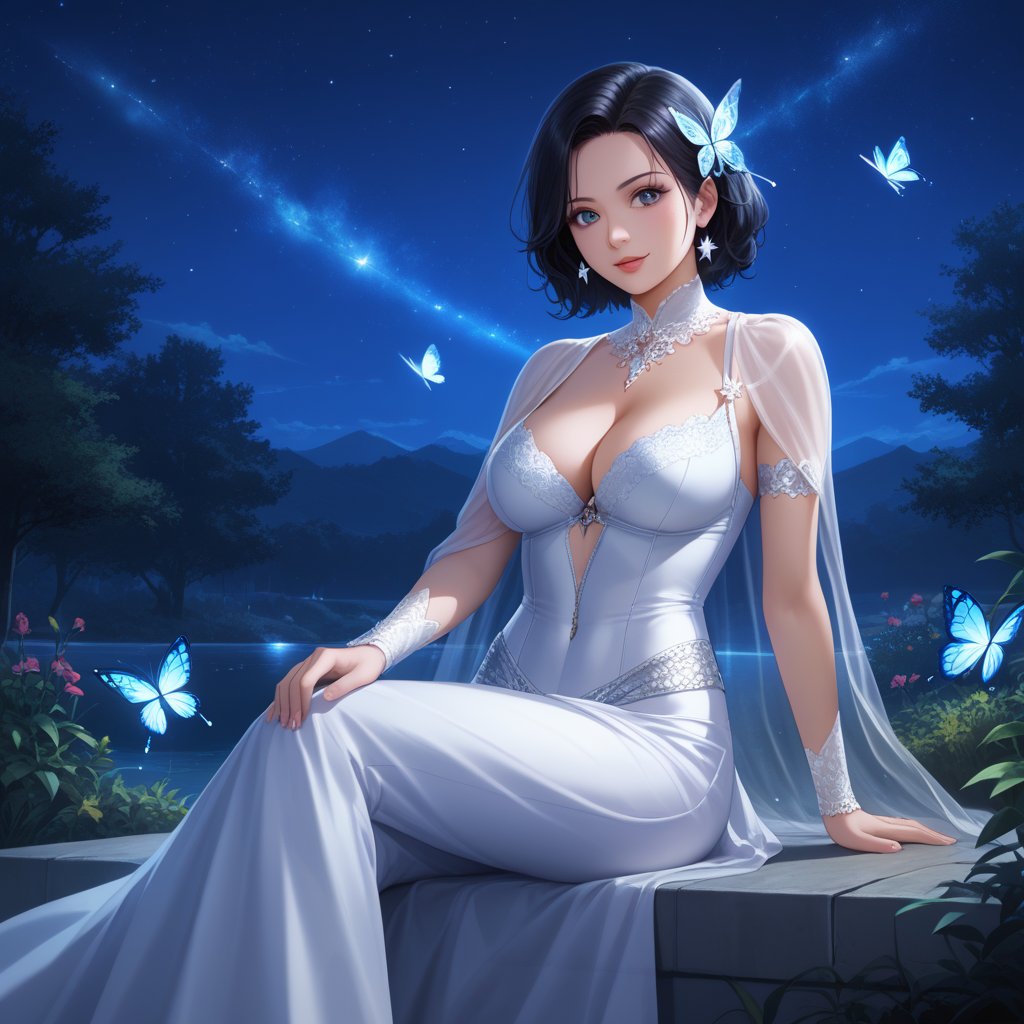 (,1girl, ,best quality, ),,  ,ultra realistic 8k cg, ,masterpiece, (( , )),,  fiction,mole, , ,      ,, 1girl,butterfly sitting,  night, star_\(sky\)(cleavage),,