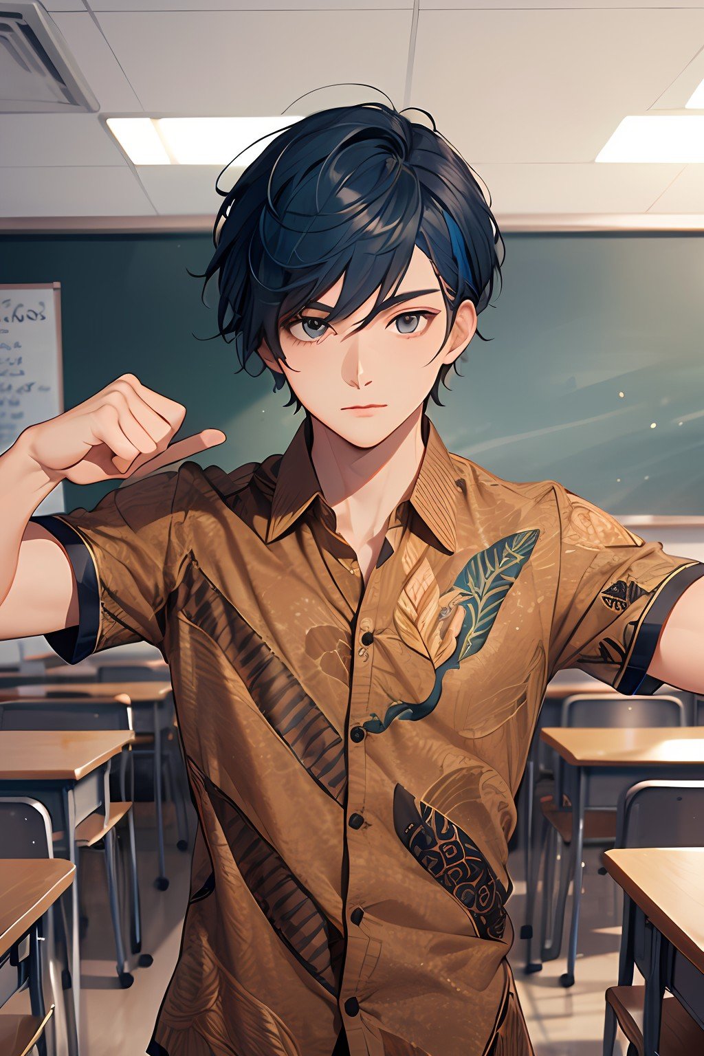 masterpiece, dynamic pose, centered, 1boy, handsome, calm, intelligent, vibrant blue hair, standing, stylish batik shirt, classroom background, , <lora:2ef66717-89c5-4849-9792-71c324ecdcb4:1.2>