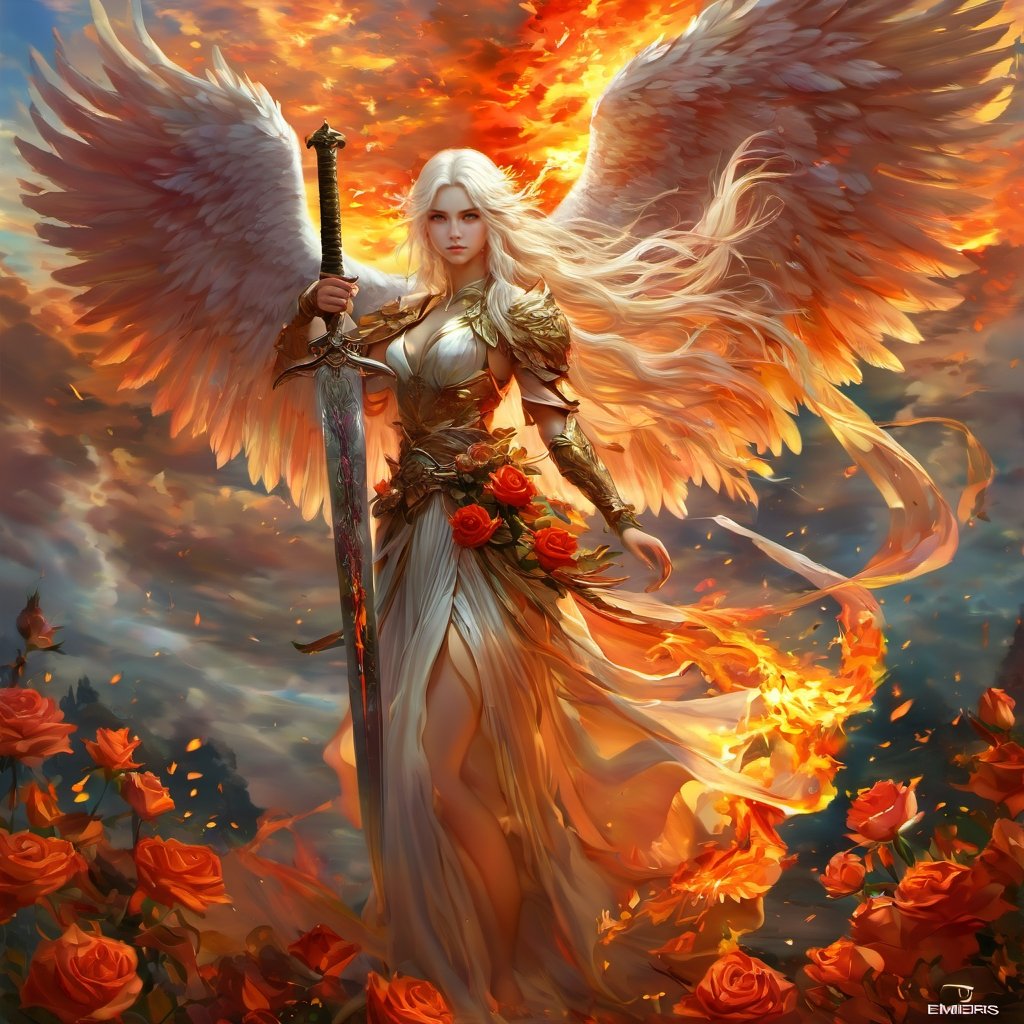 <lora:xltk:0.6>,white wings,1girl,sword,weapon,flower,long hair,solo,wings,white hair,fire,rose,cloud,dress,holding sword,sky,holding weapon,feathered wings,looking at viewer,angel wings,holding,watermark,artist name,embers,