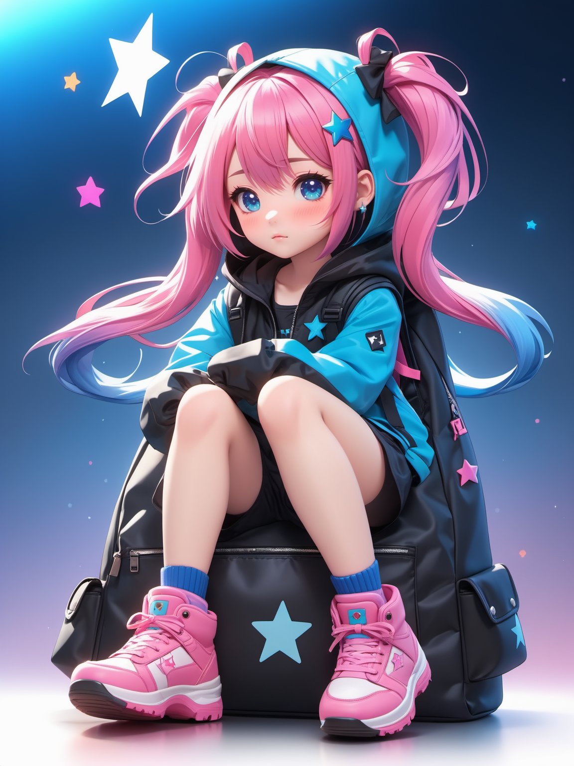 masterpiece, best quality, 8k, cinematic light, ultra high res, chibi, 1girl, bag, backpack, solo, multicolored hair, shorts, star \, (symbol\), blue hair, hood, sitting, pink hair, star hair ornament, head rest, socks, pink footwear, black shorts, hair ornament, full body, boots, bandaid, gradient, twintails, jacket, 