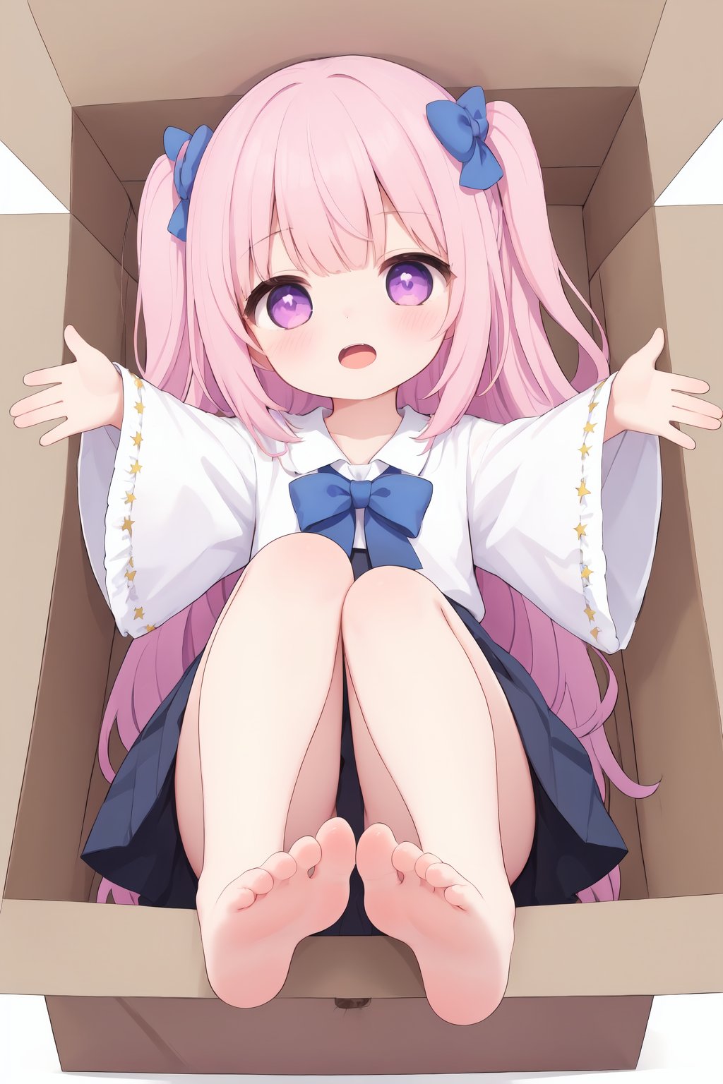 1girl, barefoot, soles, hair rings, in box, pink hair, solo, in container, star \(symbol\), wide sleeves, purple eyes, star hair ornament, long hair, hair ornament, box, feet, blush, bangs, open mouth, cardboard box, !, looking at viewer, skirt, toes, !!, two side up, white shirt, outstretched arms, aged down, blue bow, spoken exclamation mark,chibi